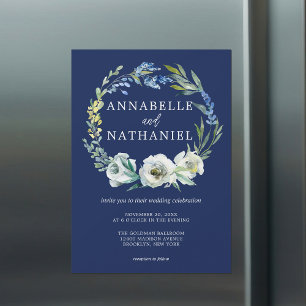 Elegant Navy Blue Floral Wreath Winter Wedding Magnetic Invitation