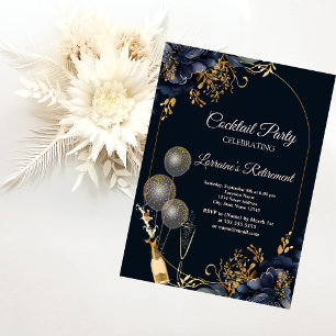 Elegant Navy Blue Flower Balloons,Wine Retirement  Invitation