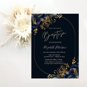 Elegant Navy Blue Flowers Baptism Invitation