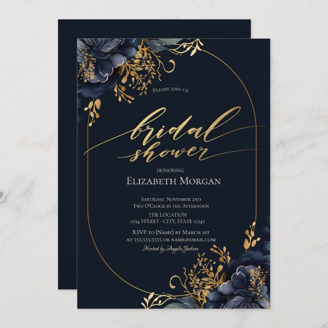 Elegant Navy Blue Flowers Bridal Shower  Invitation (Front/Back)