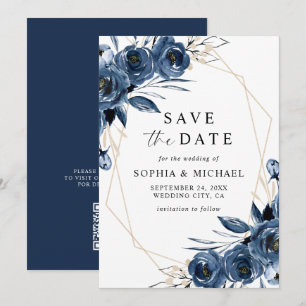 Elegant Navy Blue Flowers & QR Code Wedding  Save The Date