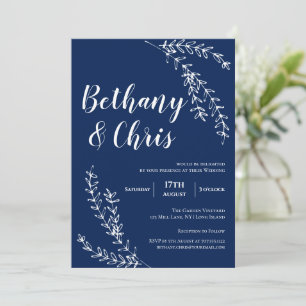 Elegant Navy Blue Foliage Minimalist Wedding Invitation