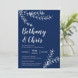 Elegant Navy Blue Foliage Minimalist Wedding Invitation