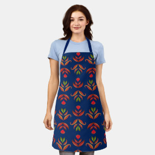 Elegant Navy Blue Folk Art Floral Rustic Cosy Fall Apron