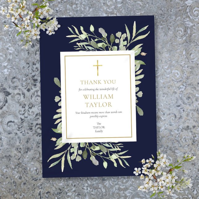Elegant Navy Blue Funeral Memorial Gold Cross Thank You Card (Elegant Navy Blue Funeral Memorial Gold Cross Thank You Card)