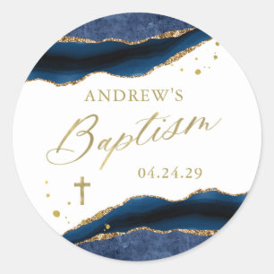 Elegant Navy Blue Geode with Gold Cross Baptism Classic Round Sticker