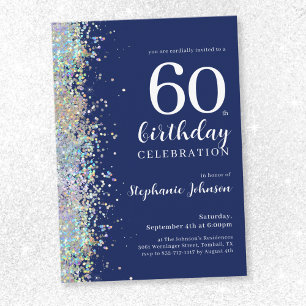 Elegant Navy Blue Glitter 60th Birthday Invitation