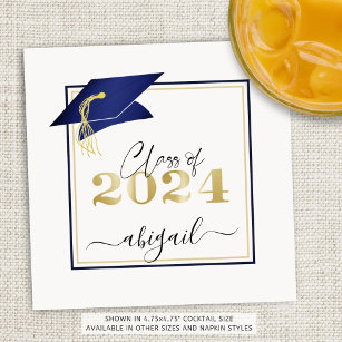 Elegant Navy Blue Gold 2022 Graduation Cap Script Napkin