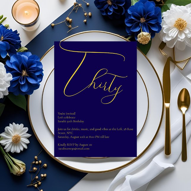 Elegant Navy blue & Gold 30th Birthday Invitation (Creator Uploaded)