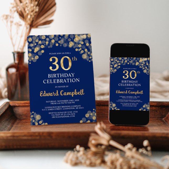 Elegant Navy Blue & Gold 30th Birthday Invitation (Creator Uploaded)