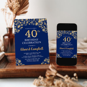 Elegant Navy Blue & Gold 40th Birthday Invitation