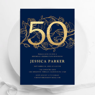 Elegant Navy Blue Gold 50th Birthday Invitation