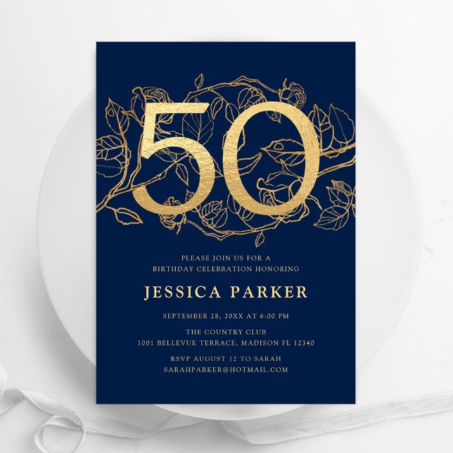 Elegant Navy Blue Gold 50th Birthday Invitation (Creator Uploaded)