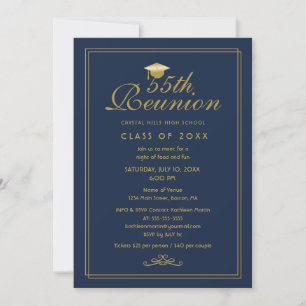 Elegant Navy Blue Gold 55th Class Reunion Invitation