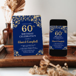 Elegant Navy Blue & Gold 60th Birthday Invitation