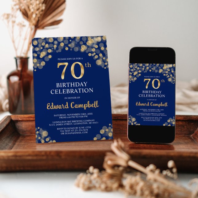 Elegant Navy Blue & Gold 70th Birthday Invitation (Creator Uploaded)