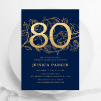Elegant Navy Blue Gold 80th Birthday
