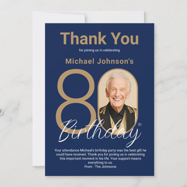 Elegant Navy Blue Gold 80th Birthday  Thank You Card (Front)