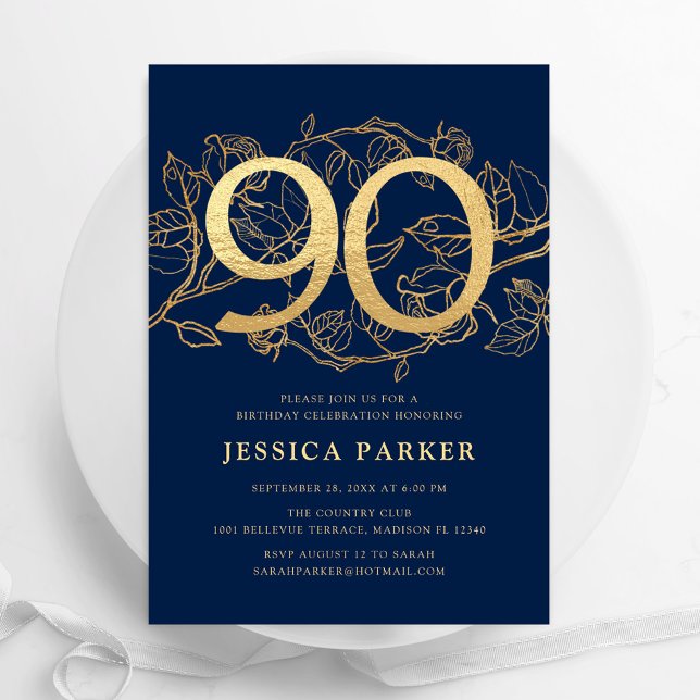 Elegant Navy Blue Gold 90th Birthday Invitation (Creator Uploaded)