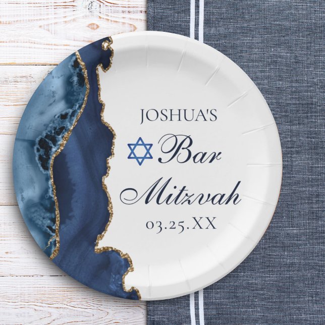 Elegant Navy Blue Gold Agate Bar Mitzvah Party Paper Plate (Creator Uploaded)