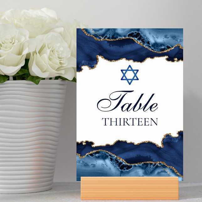 Elegant Navy Blue Gold Agate Bar Mitzvah Party Table Number (Creator Uploaded)