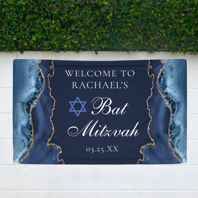 Elegant Navy Blue Gold Agate Bat Mitzvah Party Banner (Creator Uploaded)