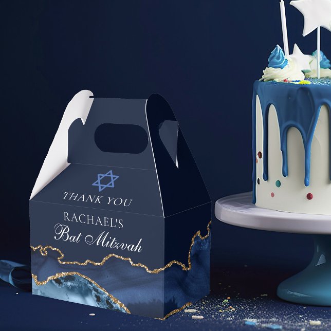 Elegant Navy Blue Gold Agate Bat Mitzvah Party Favour Box (Creator Uploaded)