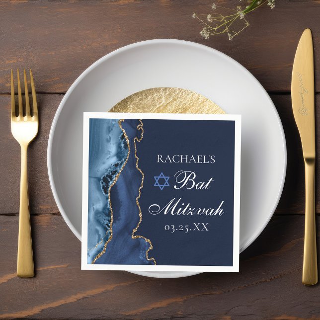 Elegant Navy Blue Gold Agate Bat Mitzvah Party Napkin (Creator Uploaded)