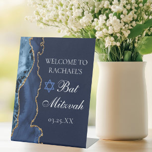Elegant Navy Blue Gold Agate Bat Mitzvah Party Pedestal Sign