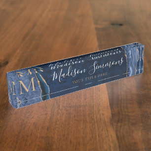 Elegant Navy Blue Gold Agate Geode Chic Monogram Nameplate