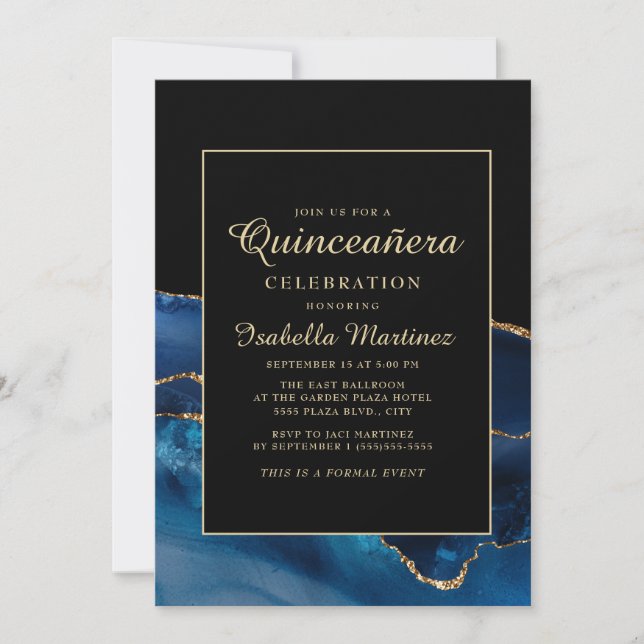 Elegant Navy Blue Gold Agate Marble Quinceañera Invitation (Front)