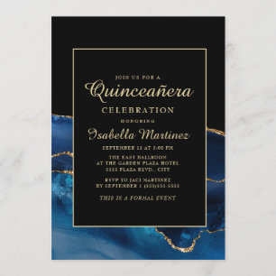 Elegant Navy Blue Gold Agate Marble Quinceañera Invitation