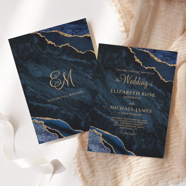Elegant Navy Blue Gold Agate Monogram Wedding Invitation (Creator Uploaded)