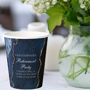 Elegant Navy Blue Gold Agate Retirement Party Paper Cups