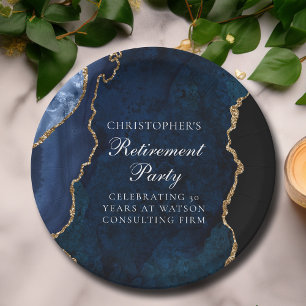 Elegant Navy Blue Gold Agate Retirement Party Paper Plate