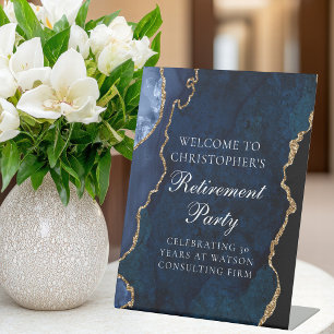 Elegant Navy Blue Gold Agate Retirement Party Pedestal Sign