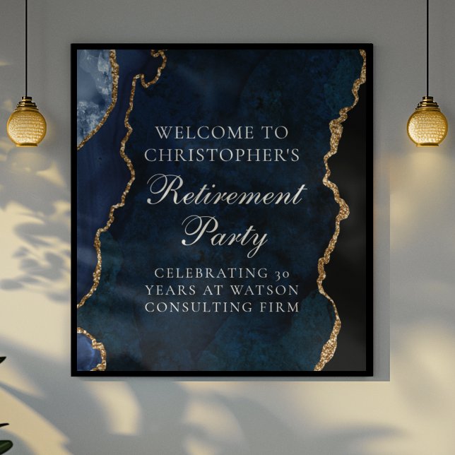 Elegant Navy Blue Gold Agate Retirement Party Poster (Creator Uploaded)