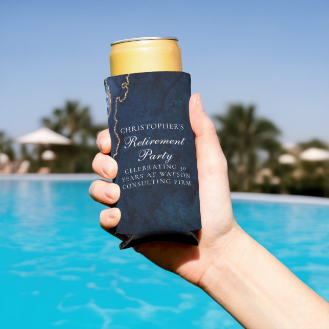 Elegant Navy Blue Gold Agate Retirement Party Seltzer Can Cooler (In Situ Pool)