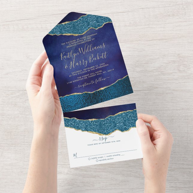 Elegant Navy Blue & Gold Agate Wedding All In One Invitation (Tearaway)