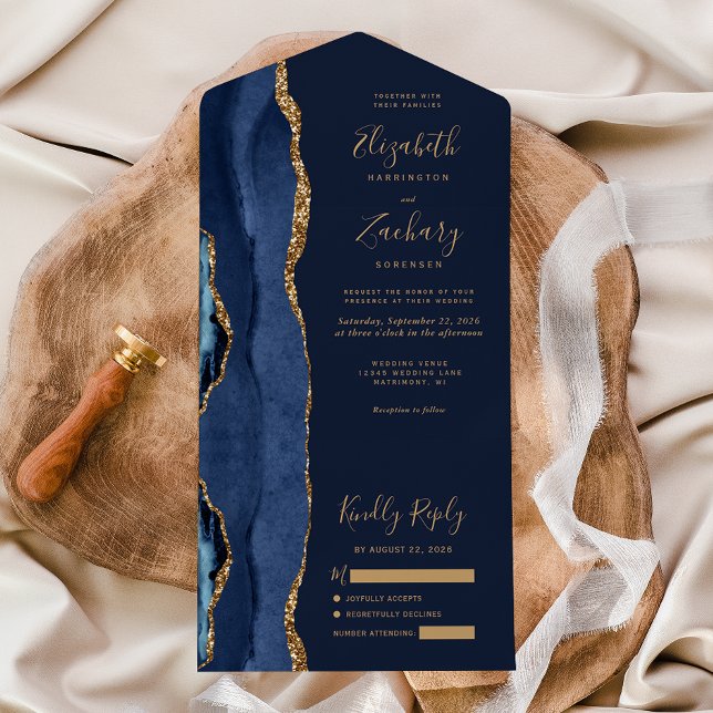 Elegant Navy Blue Gold Agate Wedding All In One Invitation (Creator Uploaded)