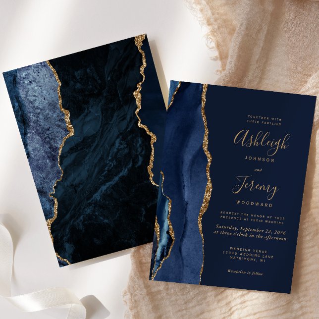 Elegant Navy Blue Gold Agate Wedding Invitation (Creator Uploaded)