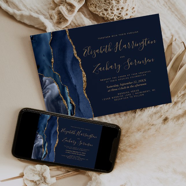 Elegant Navy Blue Gold Agate Wedding Invitation (Creator Uploaded)
