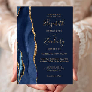 Elegant Navy Blue Gold Agate Wedding Invitation