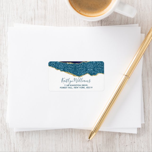 Elegant Navy Blue & Gold Agate Wedding Label (Insitu)