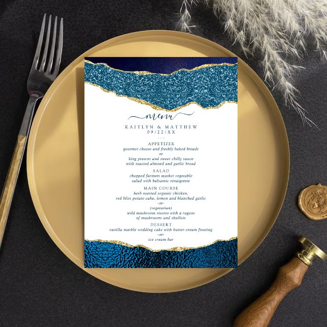 Elegant Navy Blue & Gold Agate Wedding Menu (Creator Uploaded)