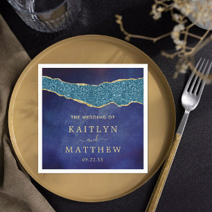 Elegant Navy Blue & Gold Agate Wedding Napkin