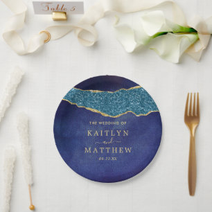 Elegant Navy Blue & Gold Agate Wedding Paper Plate
