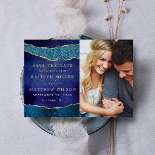 Elegant Navy Blue & Gold Agate Wedding Photo Save The Date