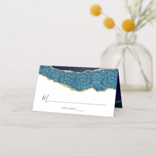 Elegant Navy Blue & Gold Agate Wedding Place Card