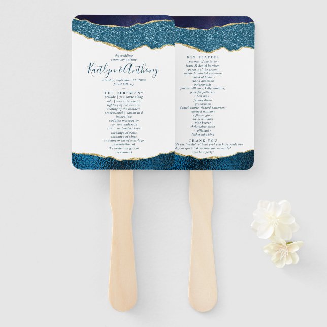 Elegant Navy Blue & Gold Agate Wedding Program Hand Fan (Front and Back)